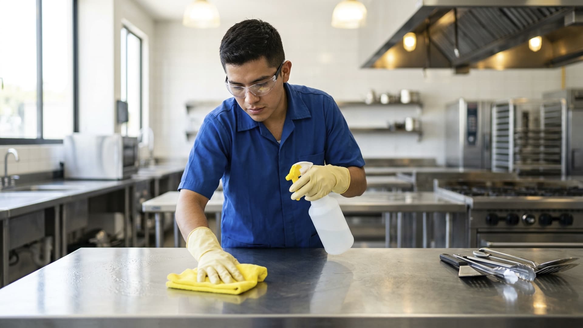 Limpieza de mesas de trabajo en restaurante