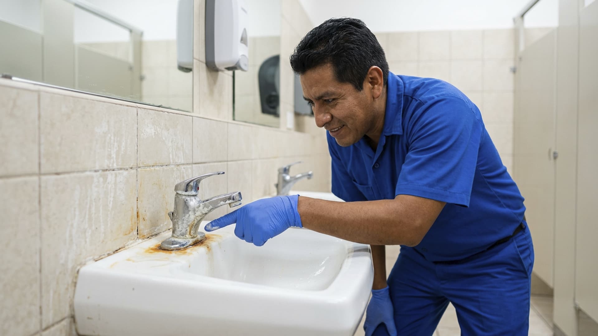 Superficies de baño con sarro y manchas de óxido