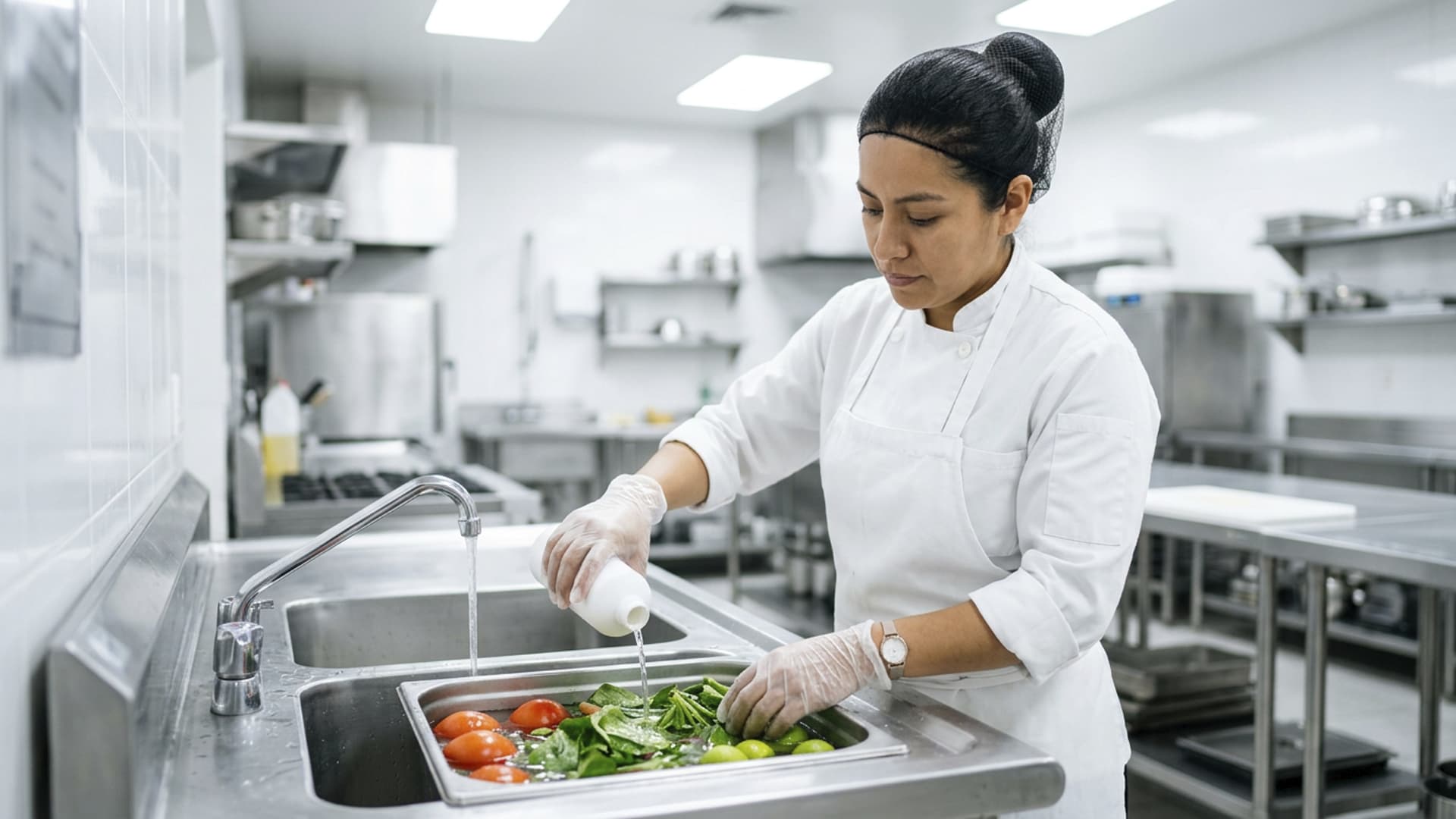 Desinfección de frutas y verduras en cocina industrial