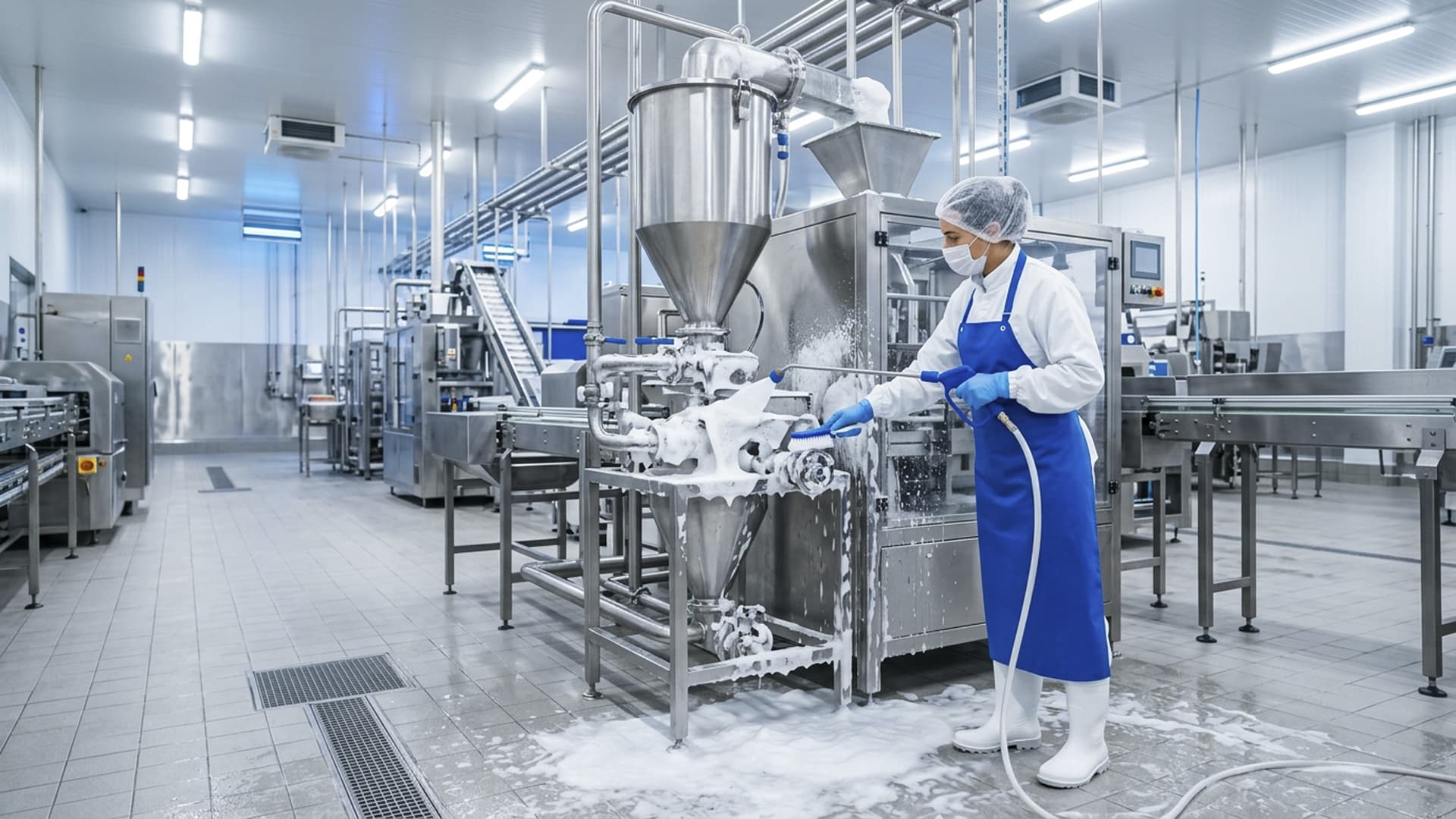 Rutina de limpieza profesional con detergente alimentario