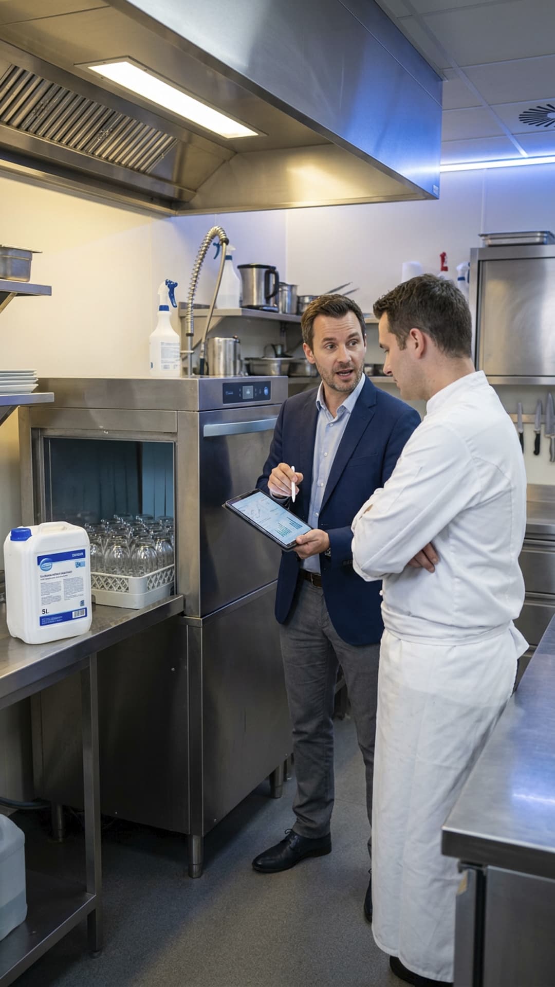 Equipo de Grupo Taria asesorando a empresas en la compra de productos para lavar vajilla.
