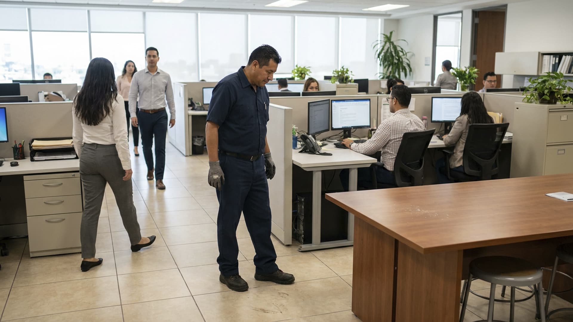 Pisos sucios y superficies marcadas en un entorno profesional