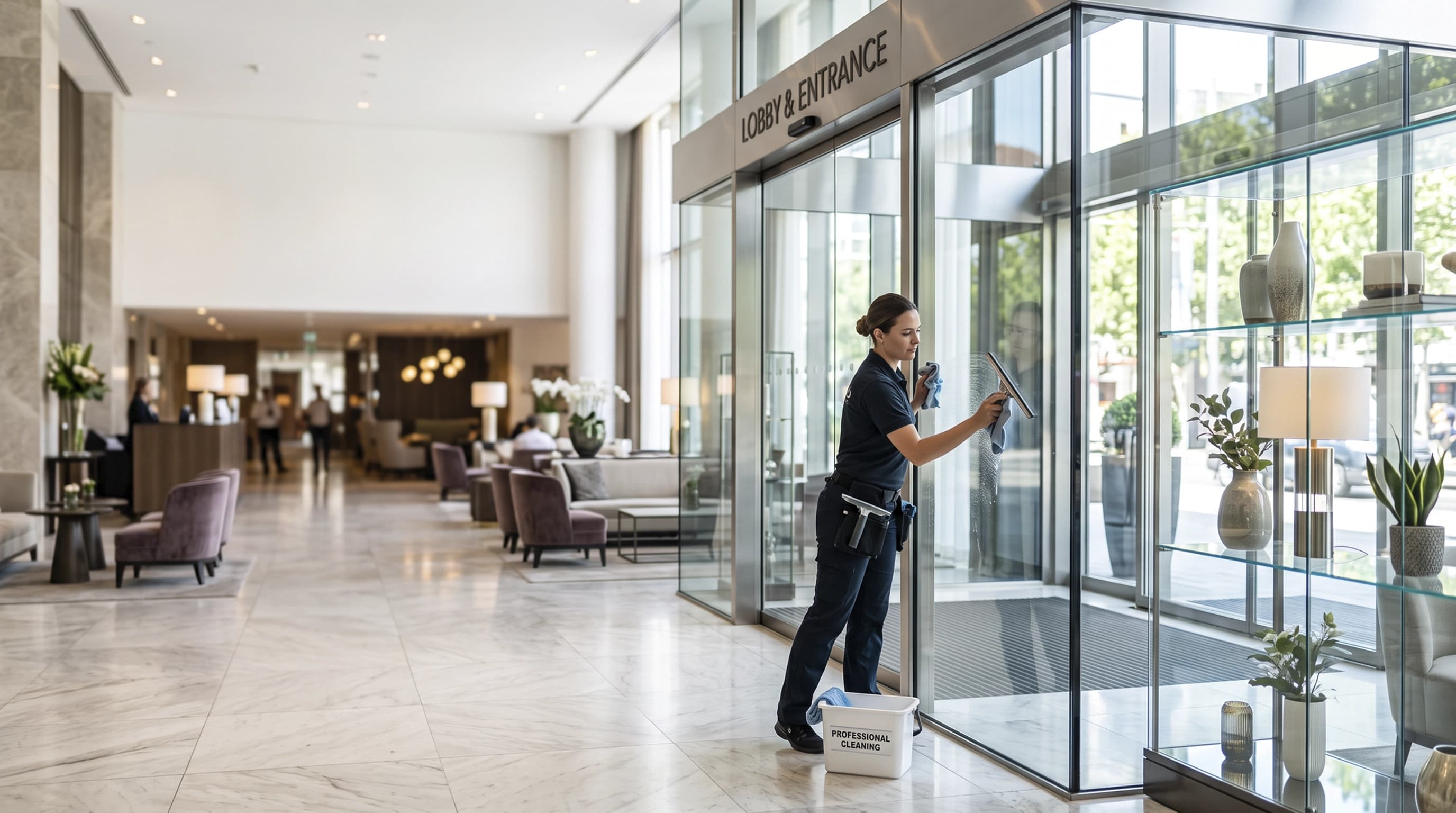 Limpiador de vidrios aplicado en ventanas, cristales y vitrinas de empresas, hoteles y comercios.