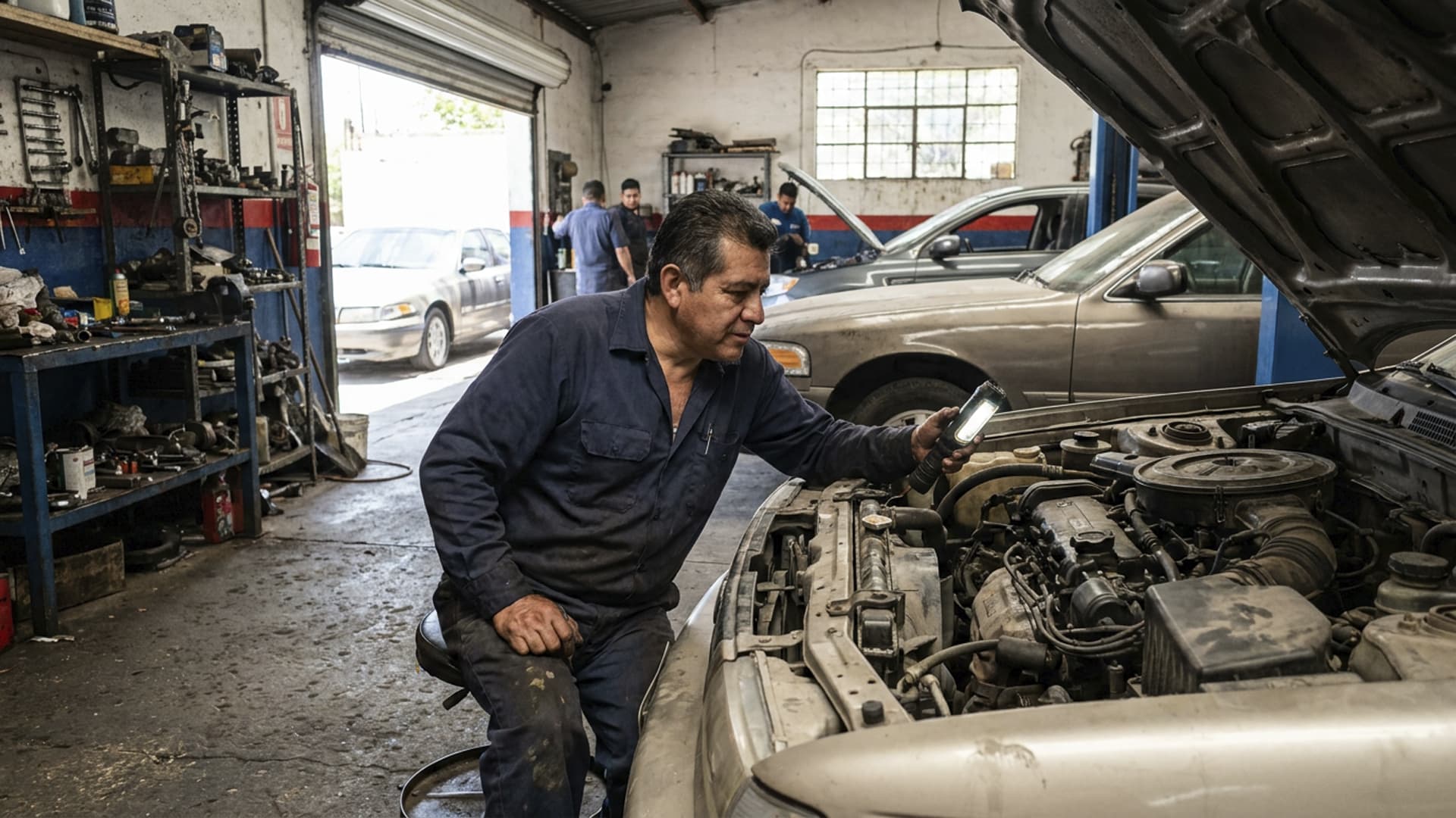 Grasa acumulada en motores y piezas de taller automotriz