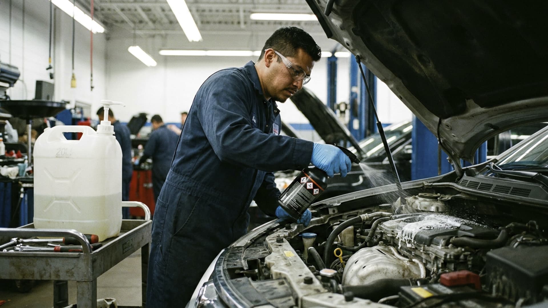 Limpieza profesional de vehículos y motores en taller