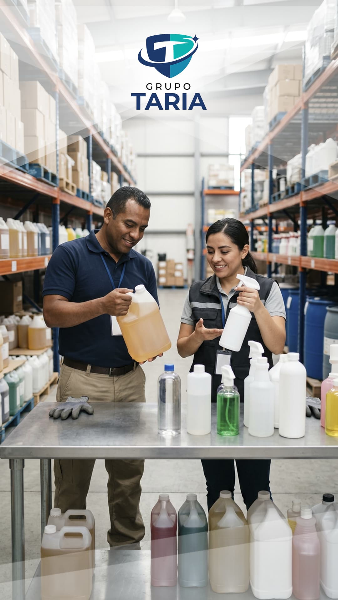 Equipo operativo revisando productos de limpieza para abastecimiento empresarial.