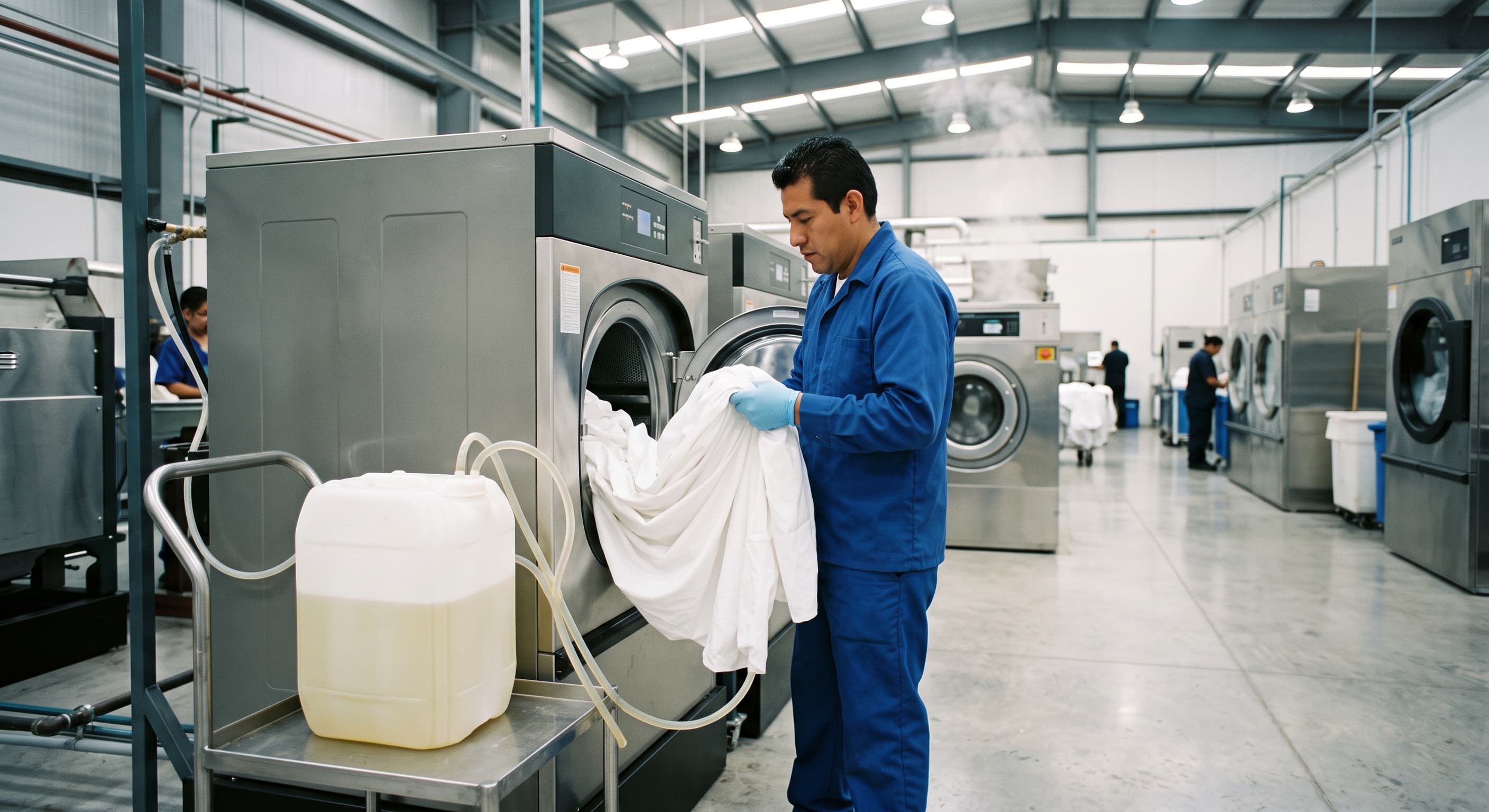 Proceso de blanqueo y tratamiento de manchas en lavandería industrial