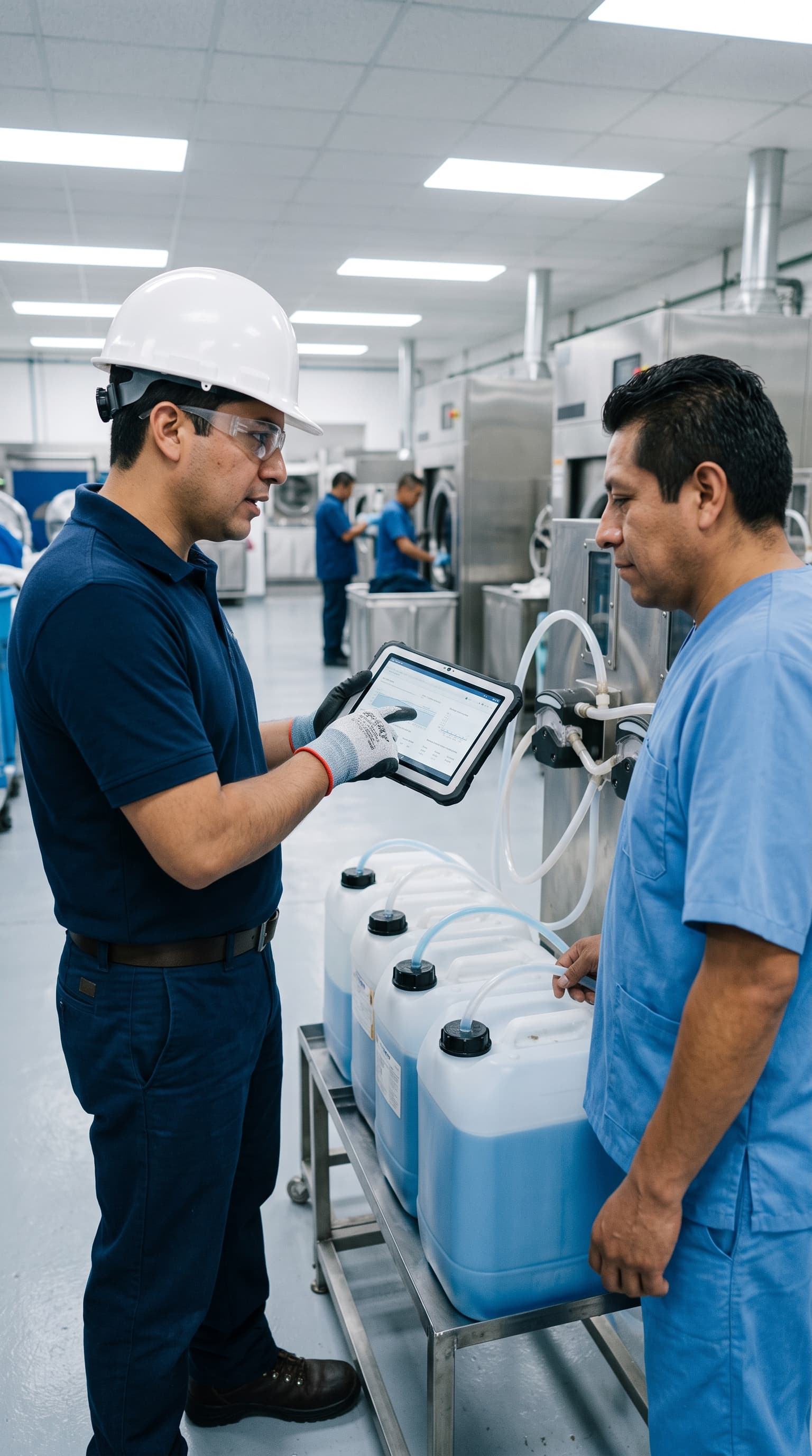 Equipo de Grupo Taria asesorando a una lavandería profesional sobre detergentes y programas de lavado.