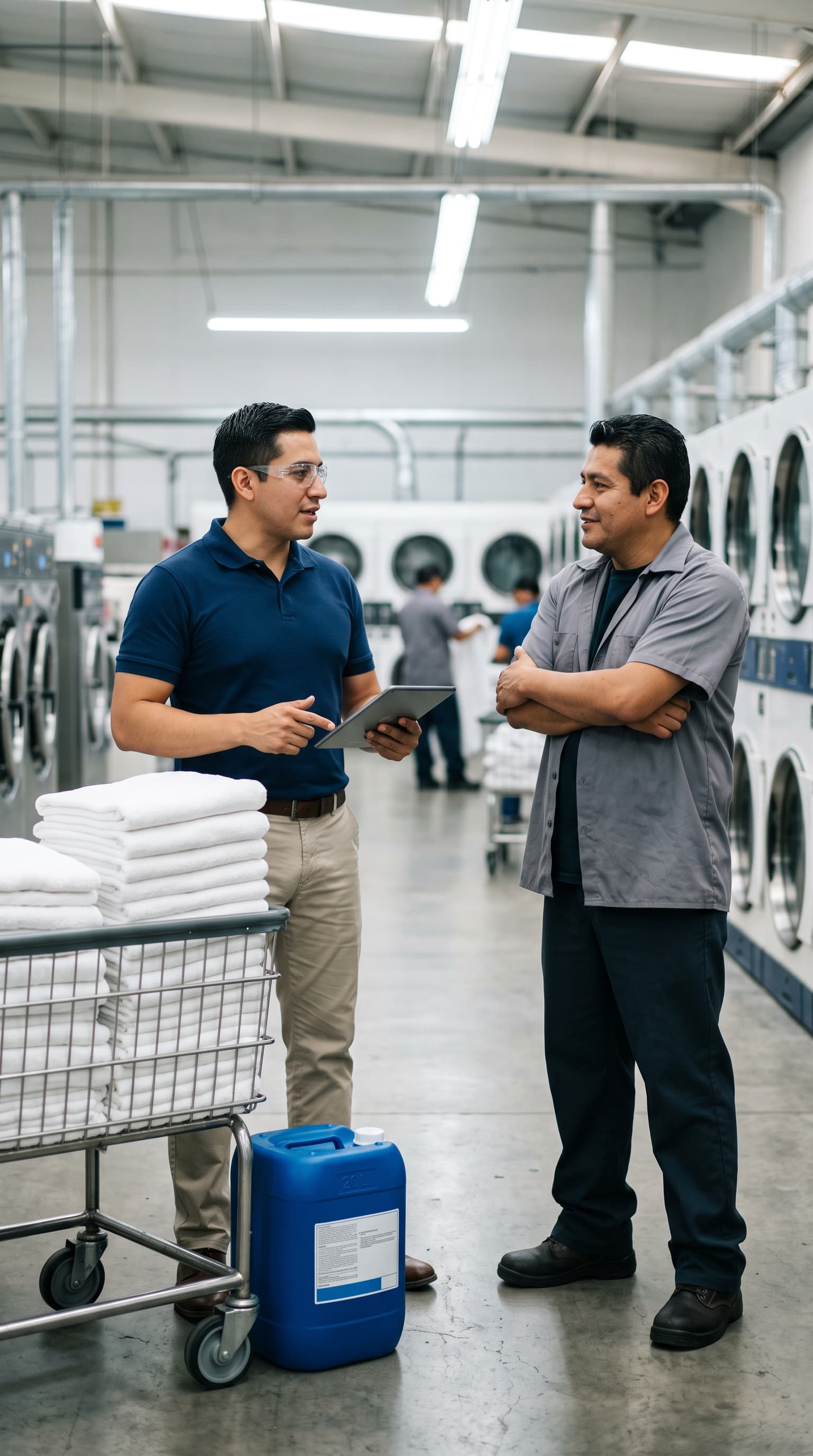 Equipo de Grupo Taria asesorando a una lavandería profesional sobre suavizantes y acabado textil.